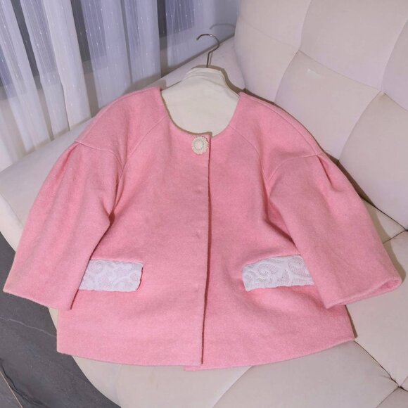 Jackets & Blazers - Pink Wool Blend Coat with Lace Pocket Detail